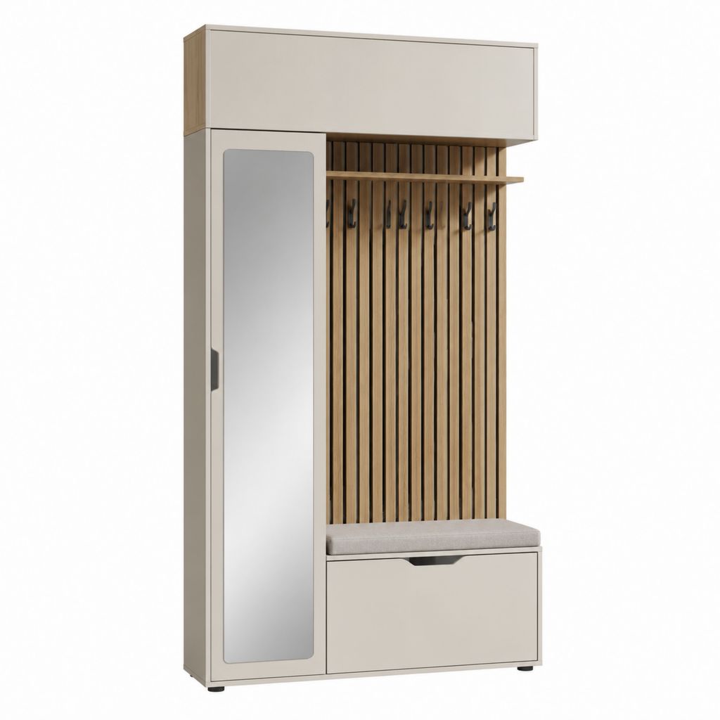 Meuble d'entrée avec miroir banc rangement et patères beige chêne 100 x 40 x 200 cm