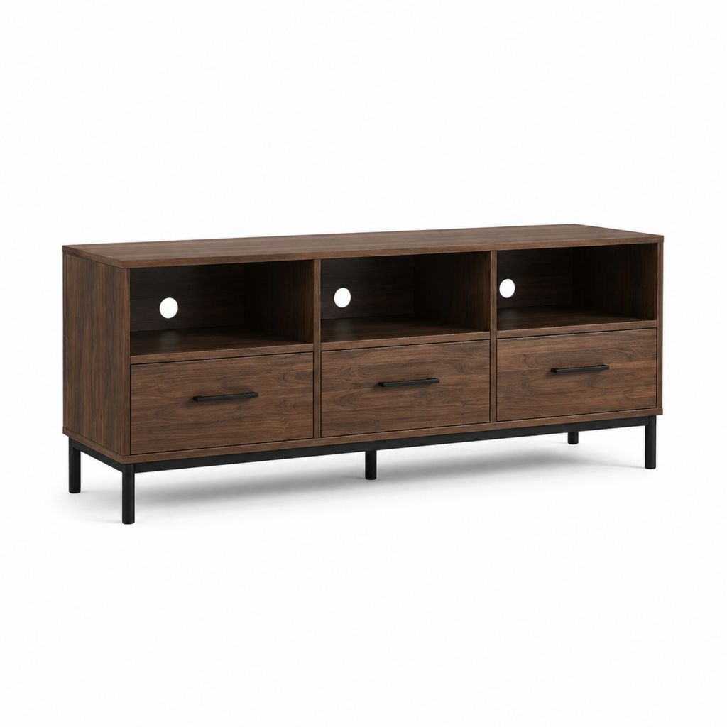 Meuble TV rectangulaire noyer en panneaux MDF et acier 160 x 40 x 60 cm avec 3 tiroirs et passe-câbles