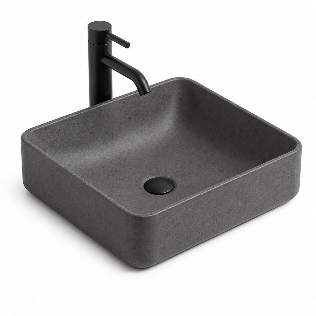 Ensemble vasque à poser carrée gris anthracite en béton 40 x 40 x 14.5 cm avec robinet noir