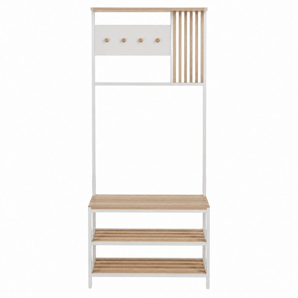 Meuble d'entrée avec porte-manteaux blanc et bambou 80 x 35 x 190 cm