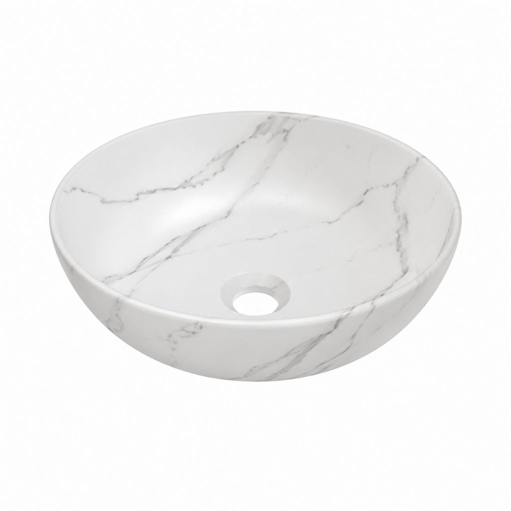 Vasque à poser ronde blanche effet marbre en céramique 40 x 40 x 13 cm
