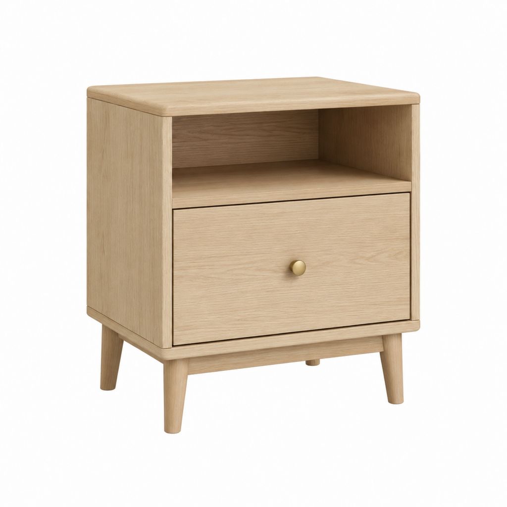 Table de chevet chêne clair en MDF plaqué chêne avec tiroir et niche ouverte 45 x 40 x 60 cm