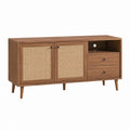 Meuble TV marron en MDF plaqué noyer avec cannage en rotin 150 x 40 x 75 cm