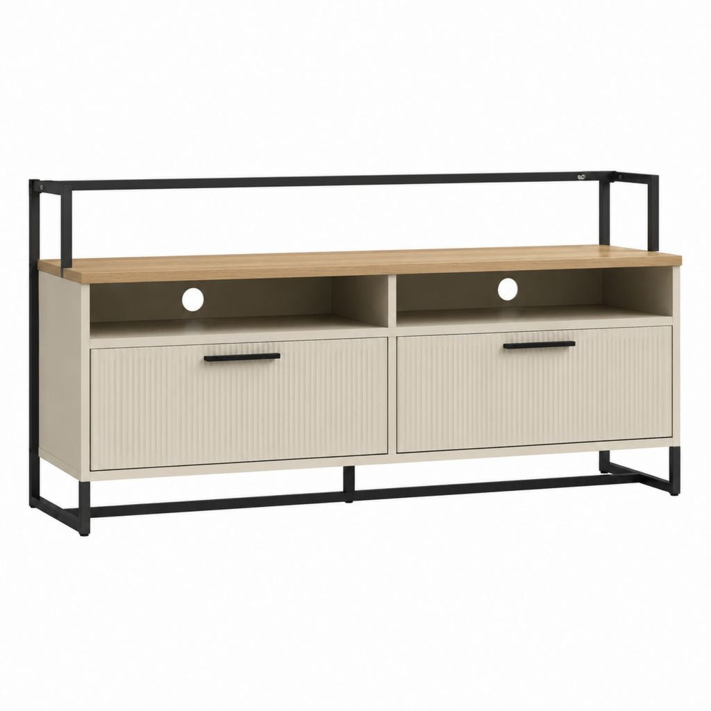 Meuble TV 2 portes beige et chêne en panneaux de particules avec structure en acier 140 x 40 x 75 cm