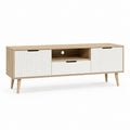 Meuble TV 160 x 40 x 60 cm blanc et chêne en panneaux de particules avec 2 portes et tiroir