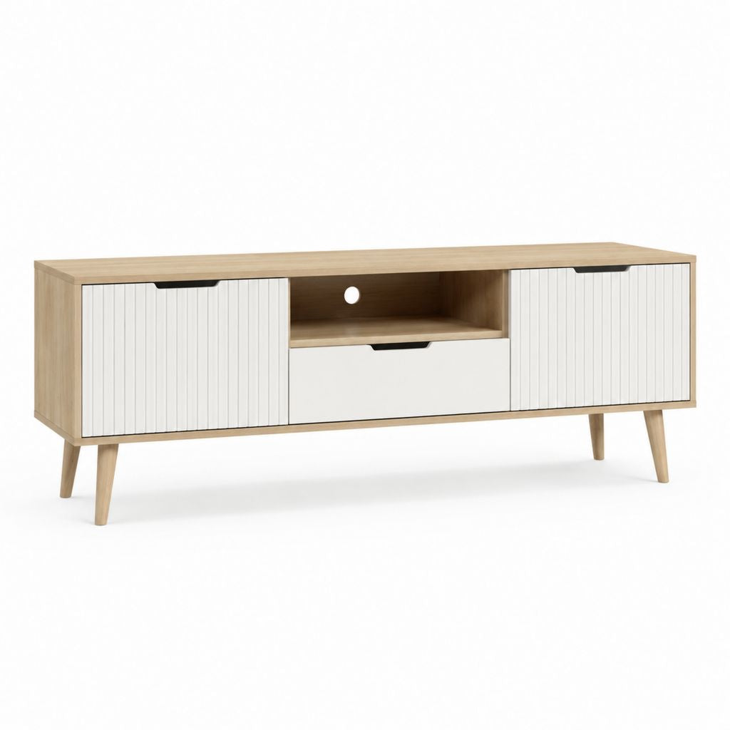 Meuble TV 160 x 40 x 60 cm blanc et chêne en panneaux de particules avec 2 portes et tiroir