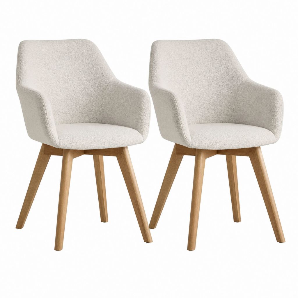 Lot de 2 chaises de salle à manger avec accoudoirs écru en polyester bouclette et chêne massif 60 x 60 x 83 cm