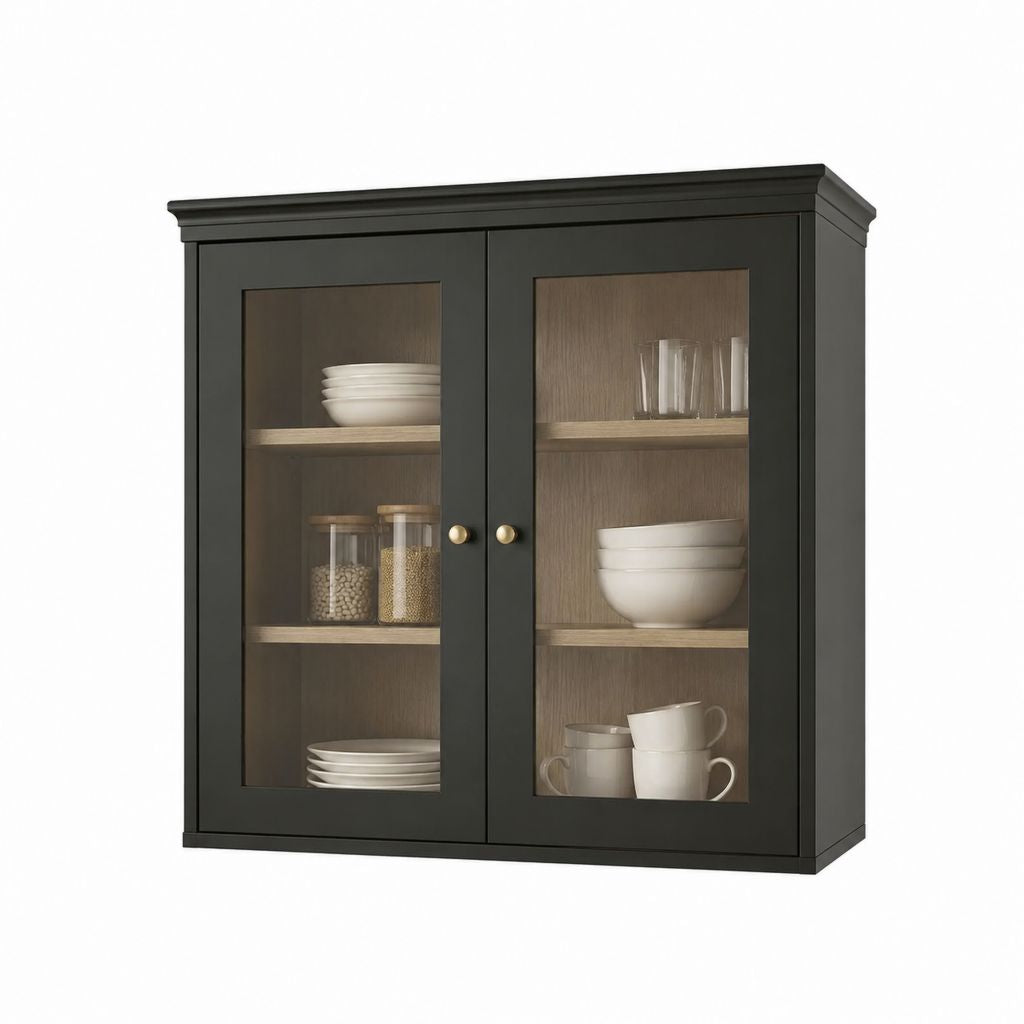 Armoire murale de cuisine à 2 portes vitrées noire en MDF 80 x 32 x 90 cm