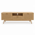 Meuble TV rectangulaire naturel en MDF plaqué chêne et cannage en rotin 160 x 40 x 60 cm