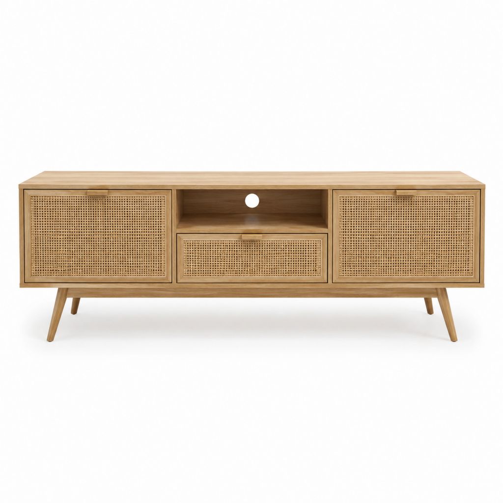 Meuble TV rectangulaire naturel en MDF plaqué chêne et cannage en rotin 160 x 40 x 60 cm
