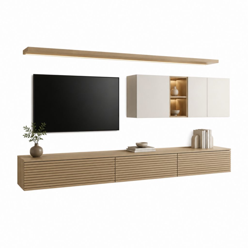 Ensemble meuble TV mural chêne clair et blanc en panneaux mélaminés 280 x 40 x 45 cm