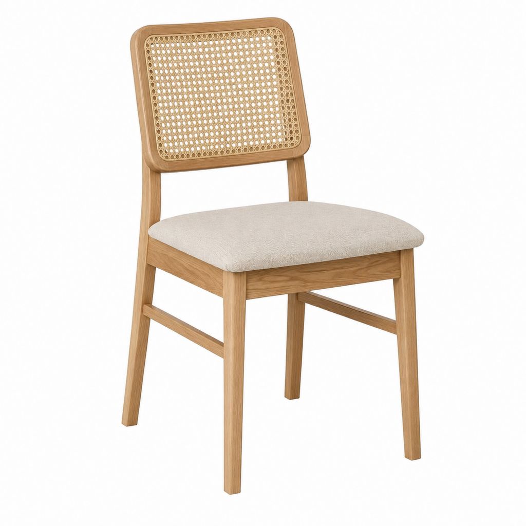 Chaise de salle à manger en chêne massif naturel avec dossier en rotin et assise en polyester beige 46 x 55 x 82 cm
