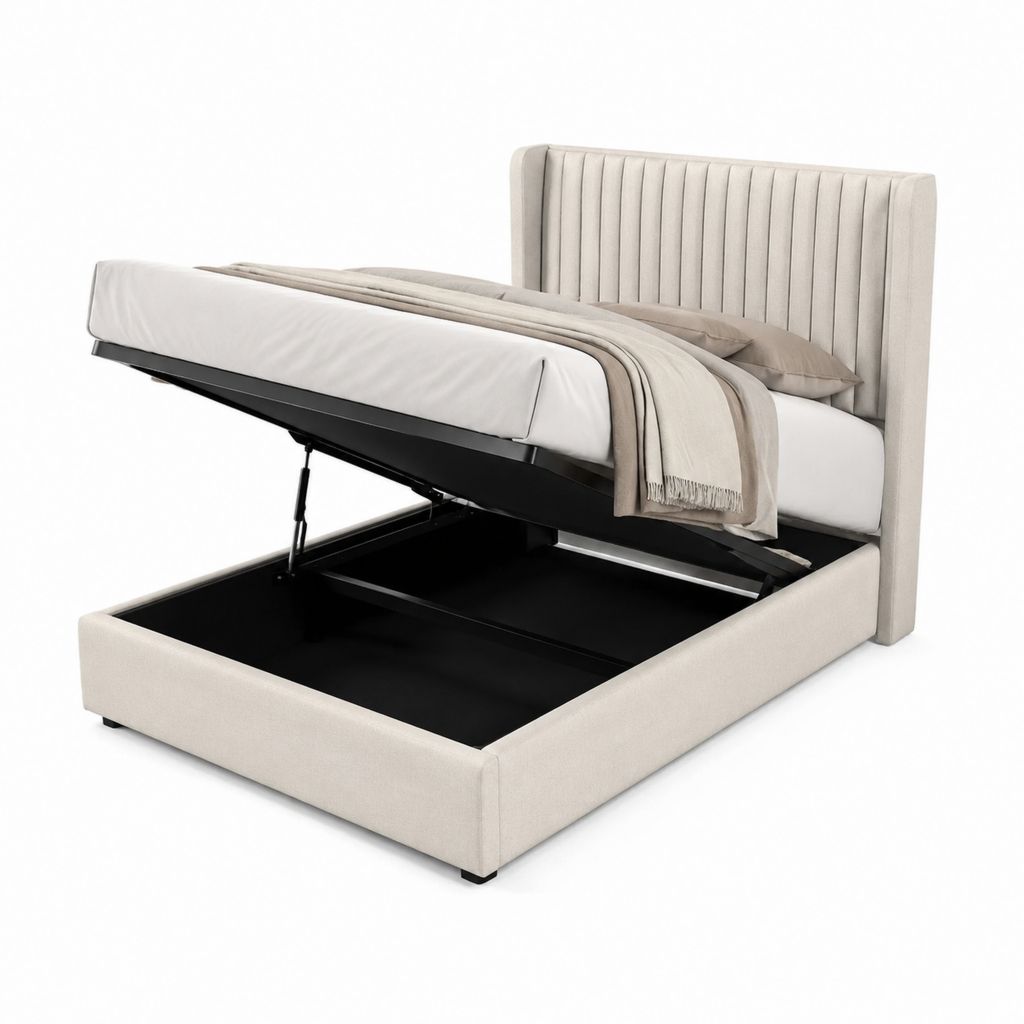 Lit coffre 160 x 200 cm beige en polyester avec tête de lit capitonnée